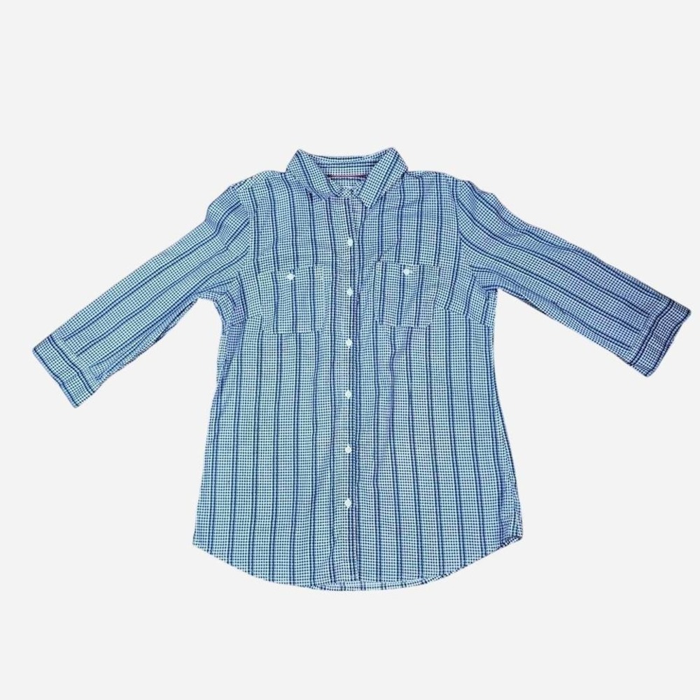 Croft & Barrow Women's Small Blue White Gingham Button Front Long Sleeve Shirt